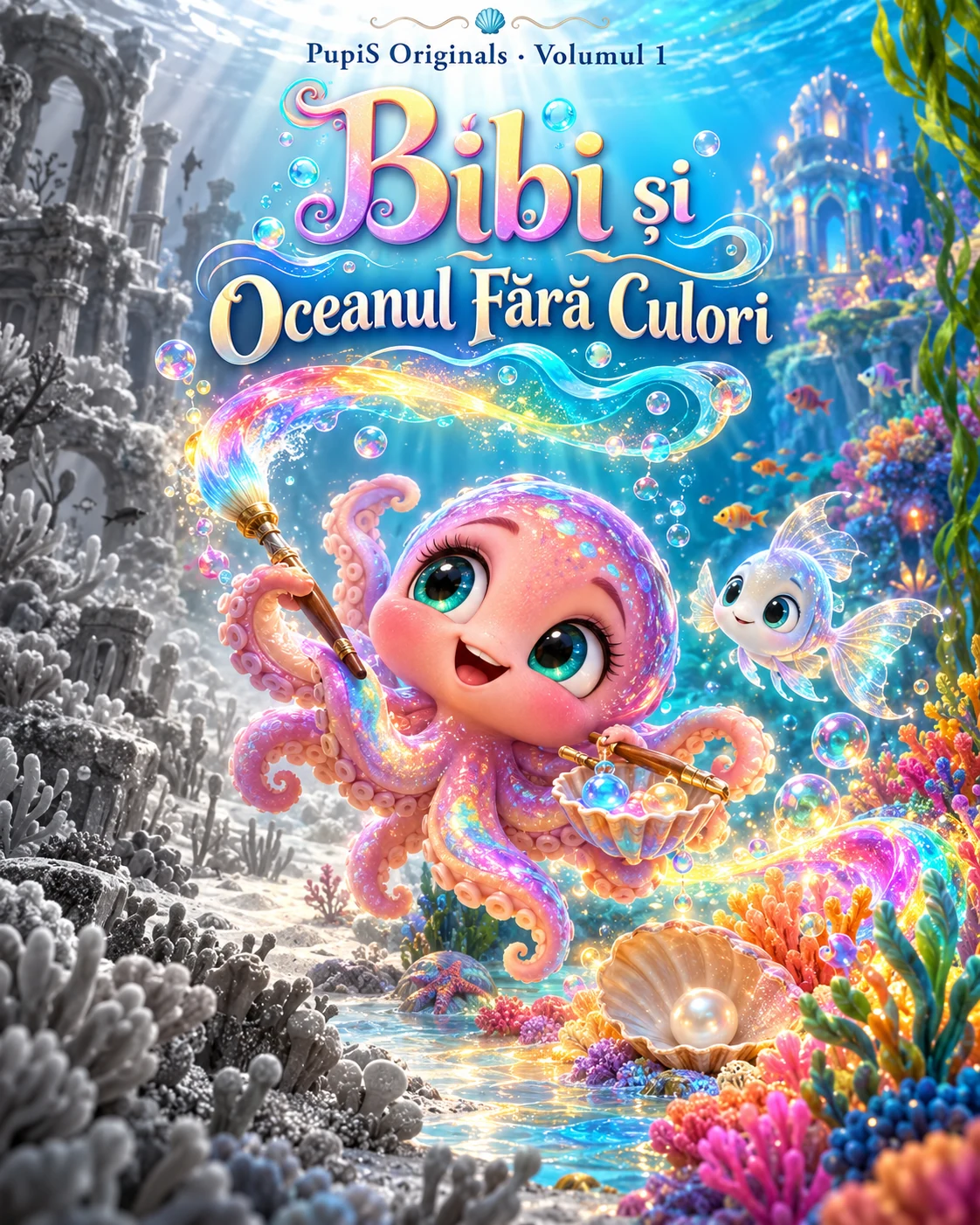 Bibi, caracatița roz coral cu opt tentacule și pensule magice, alături de Nori în oceanul fermecat