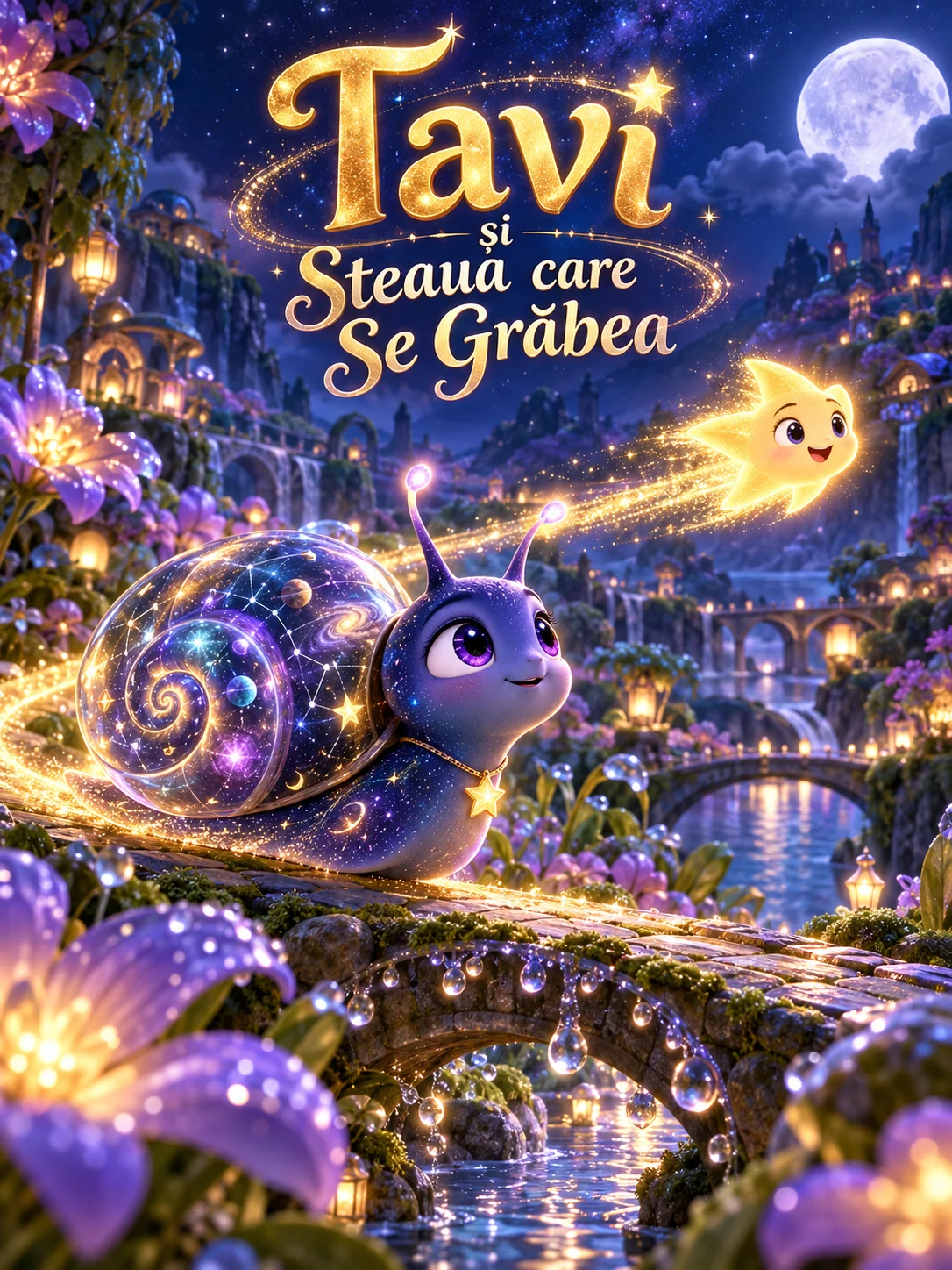 Tavi, melcul bleumarin cu ochi violet și cochilie-galaxie, alături de Luma